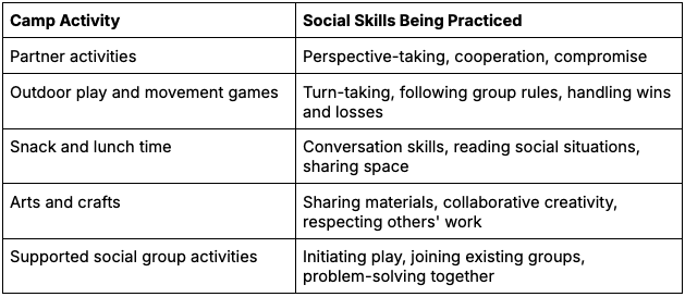 Chart depicting camp activities and the social skills being practiced